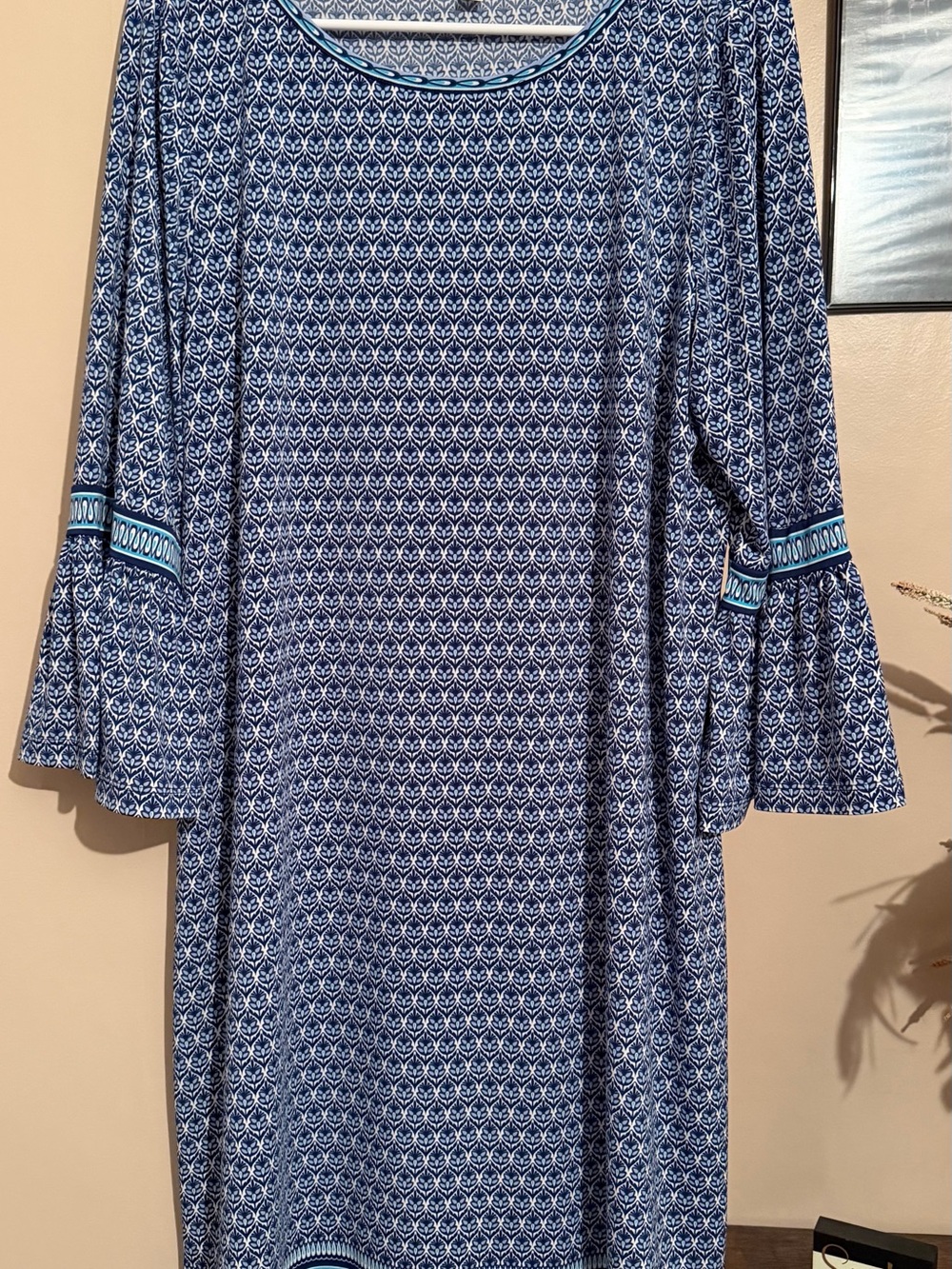 Max Studio Navy and Light Blue Printed Bell-Sleeve Dress